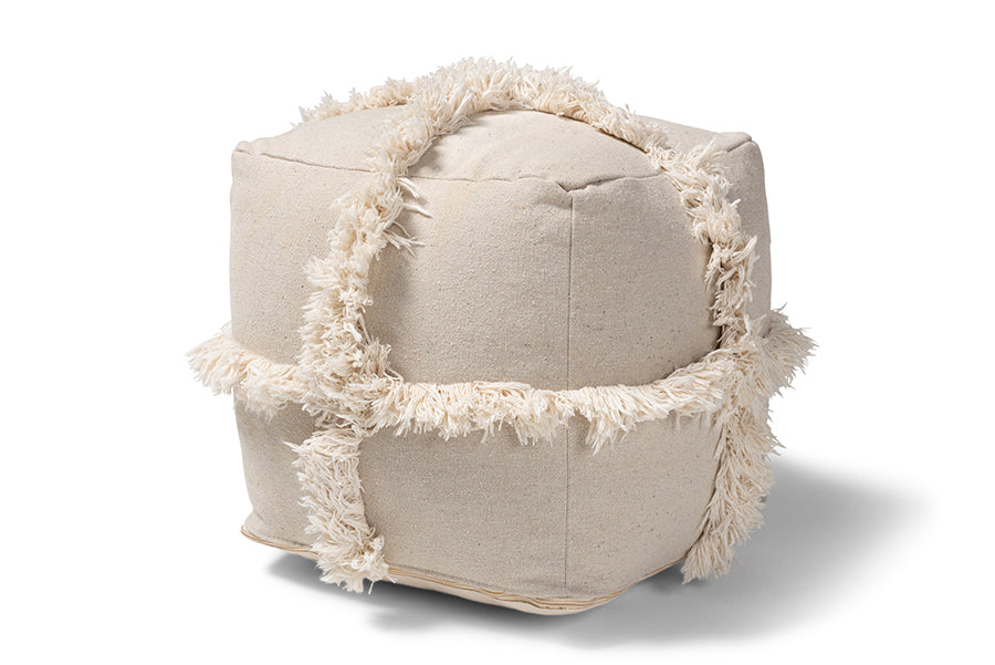 Baxton Studio Alfro Moroccan Inspired Beige Handwoven Cotton Fringe Pouf Ottoman
