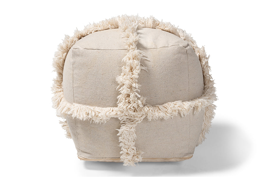 Baxton Studio Alfro Moroccan Inspired Beige Handwoven Cotton Fringe Pouf Ottoman
