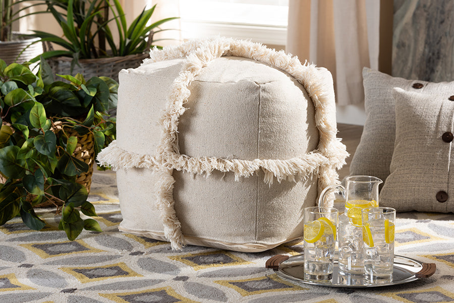 Baxton Studio Alfro Moroccan Inspired Beige Handwoven Cotton Fringe Pouf Ottoman
