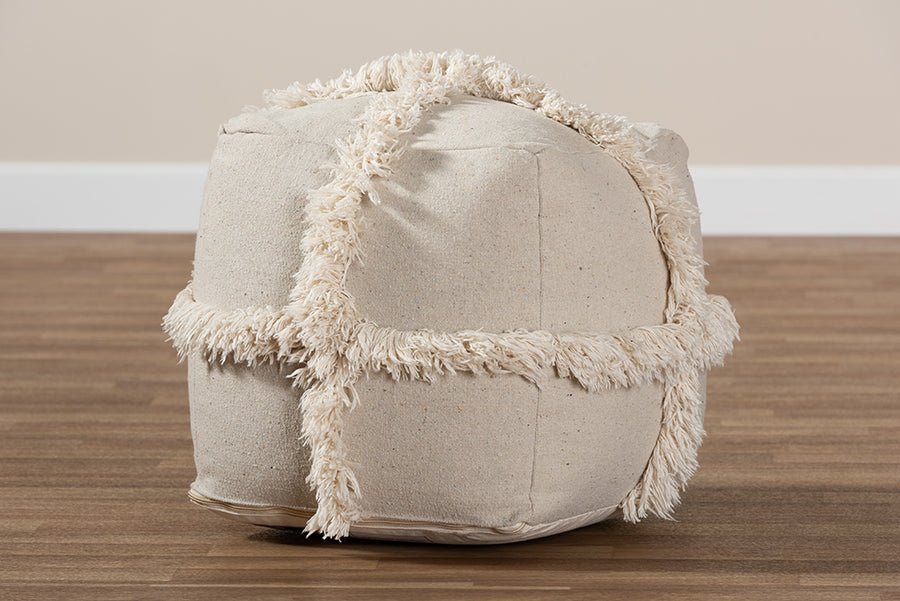 Baxton Studio Alfro Moroccan Inspired Beige Handwoven Cotton Fringe Pouf Ottoman