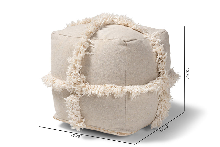 Baxton Studio Alfro Moroccan Inspired Beige Handwoven Cotton Fringe Pouf Ottoman