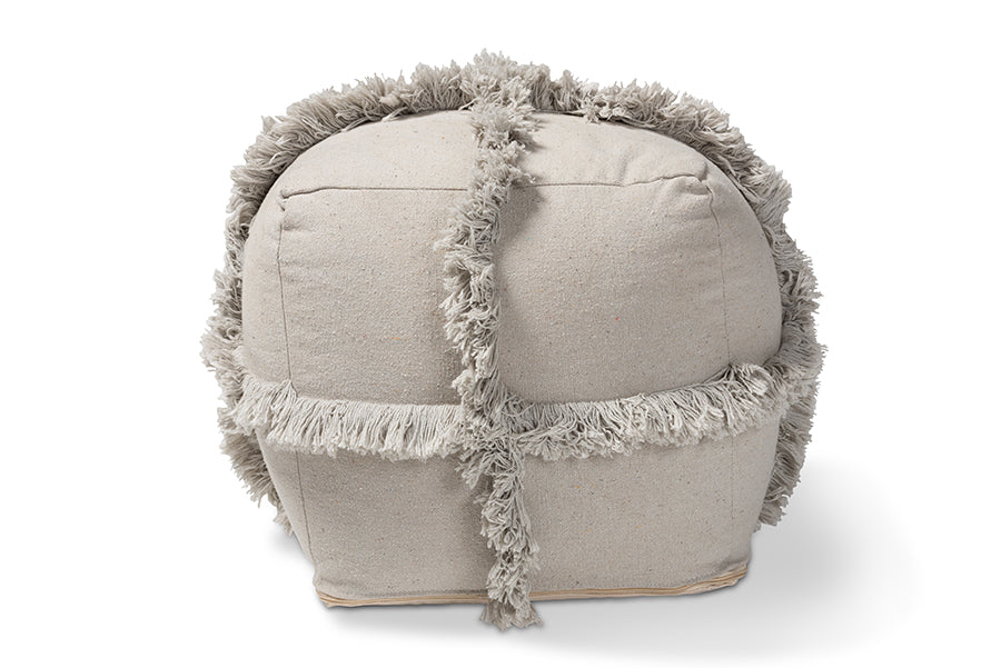 Baxton Studio Alfro Moroccan Inspired Grey Handwoven Cotton Fringe Pouf Ottoman