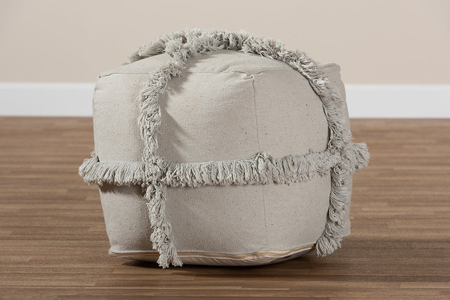 Baxton Studio Alfro Moroccan Inspired Grey Handwoven Cotton Fringe Pouf Ottoman