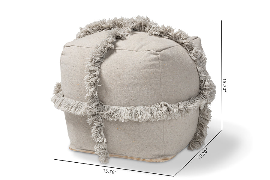 Baxton Studio Alfro Moroccan Inspired Grey Handwoven Cotton Fringe Pouf Ottoman