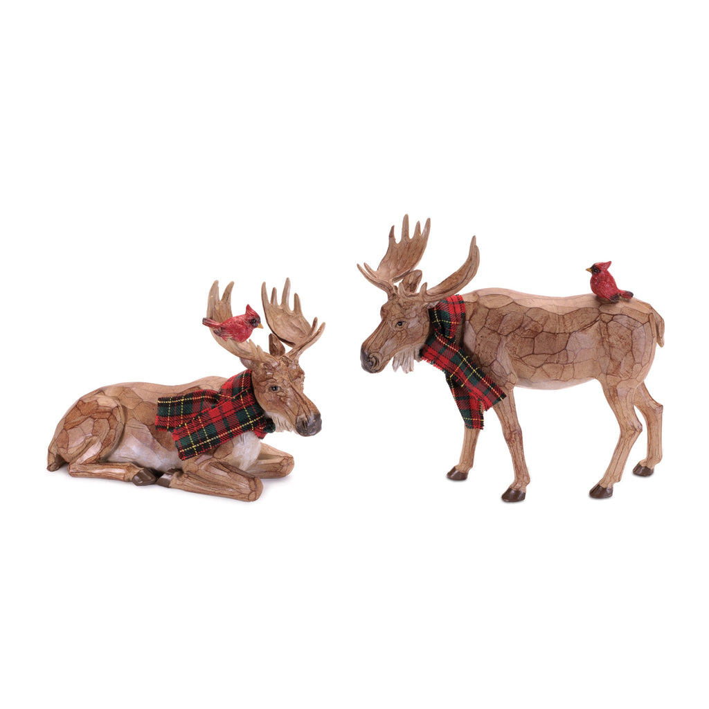 Carved Moose with Scarf and Cardinal Birds (Set of 2)