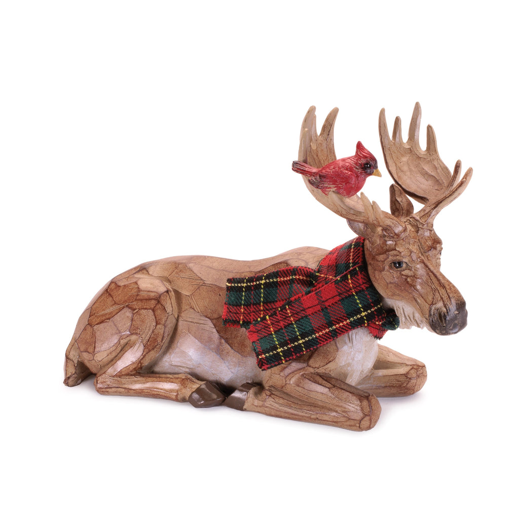 Carved Moose with Scarf and Cardinal Birds (Set of 2)