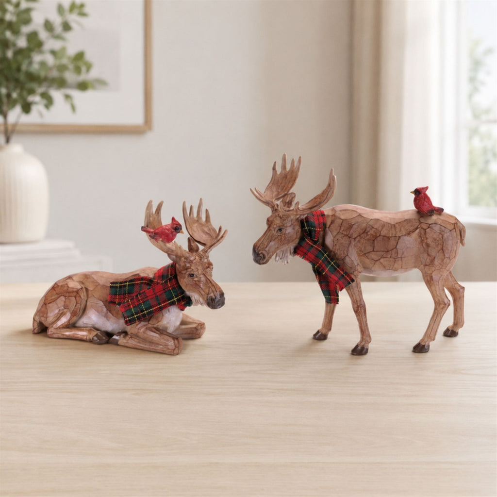 Carved Moose with Scarf and Cardinal Birds (Set of 2)
