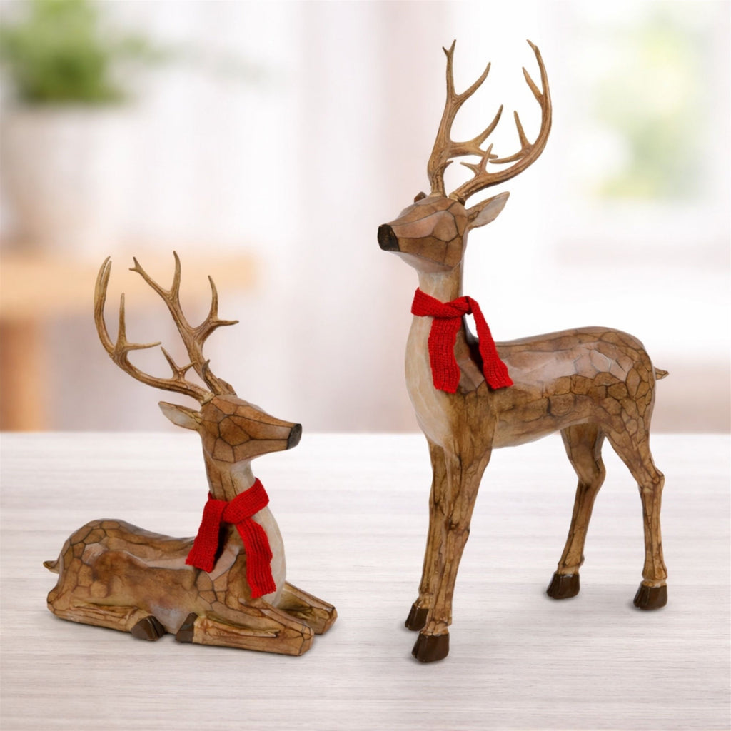 Carved Deer with Scarf Statue (Set of 2)