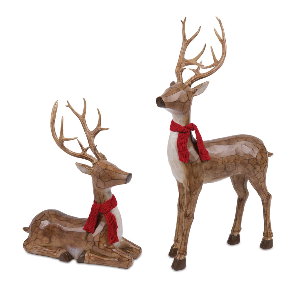 Carved Deer with Scarf Statue (Set of 2)