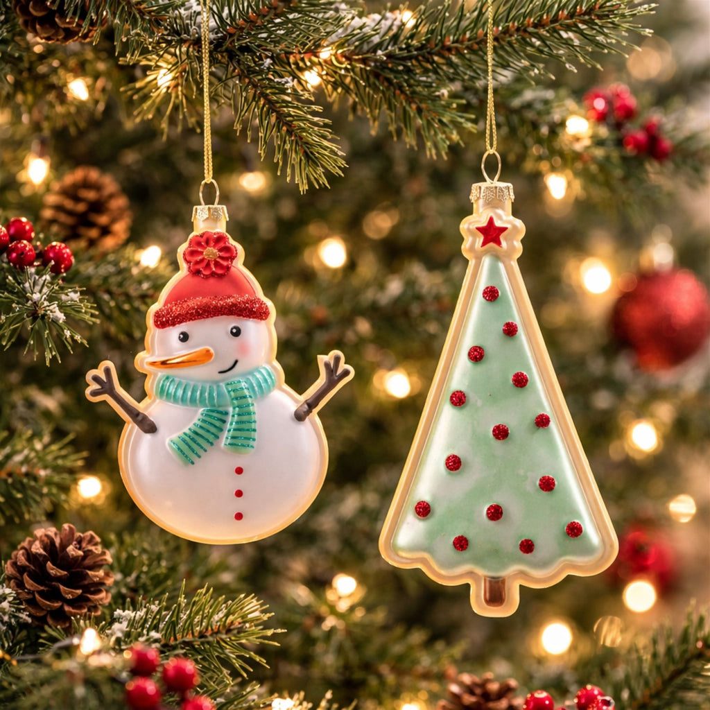 Glass Snowman and Tree Ornament Set of 12