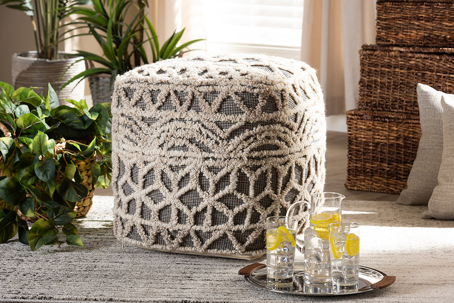 Baxton Studio Avery Moroccan Inspired Beige and Brown Handwoven Cotton Pouf Ottoman