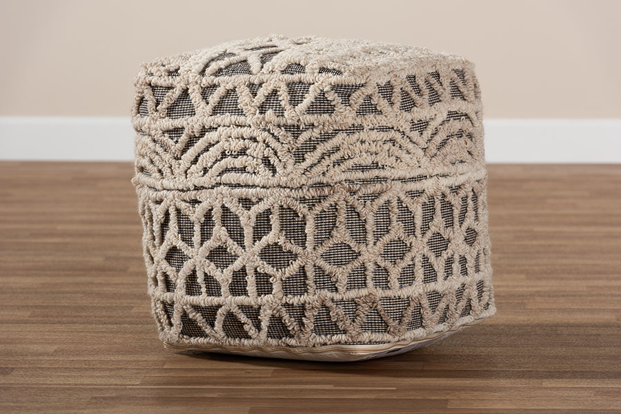 Baxton Studio Avery Moroccan Inspired Beige and Brown Handwoven Cotton Pouf Ottoman