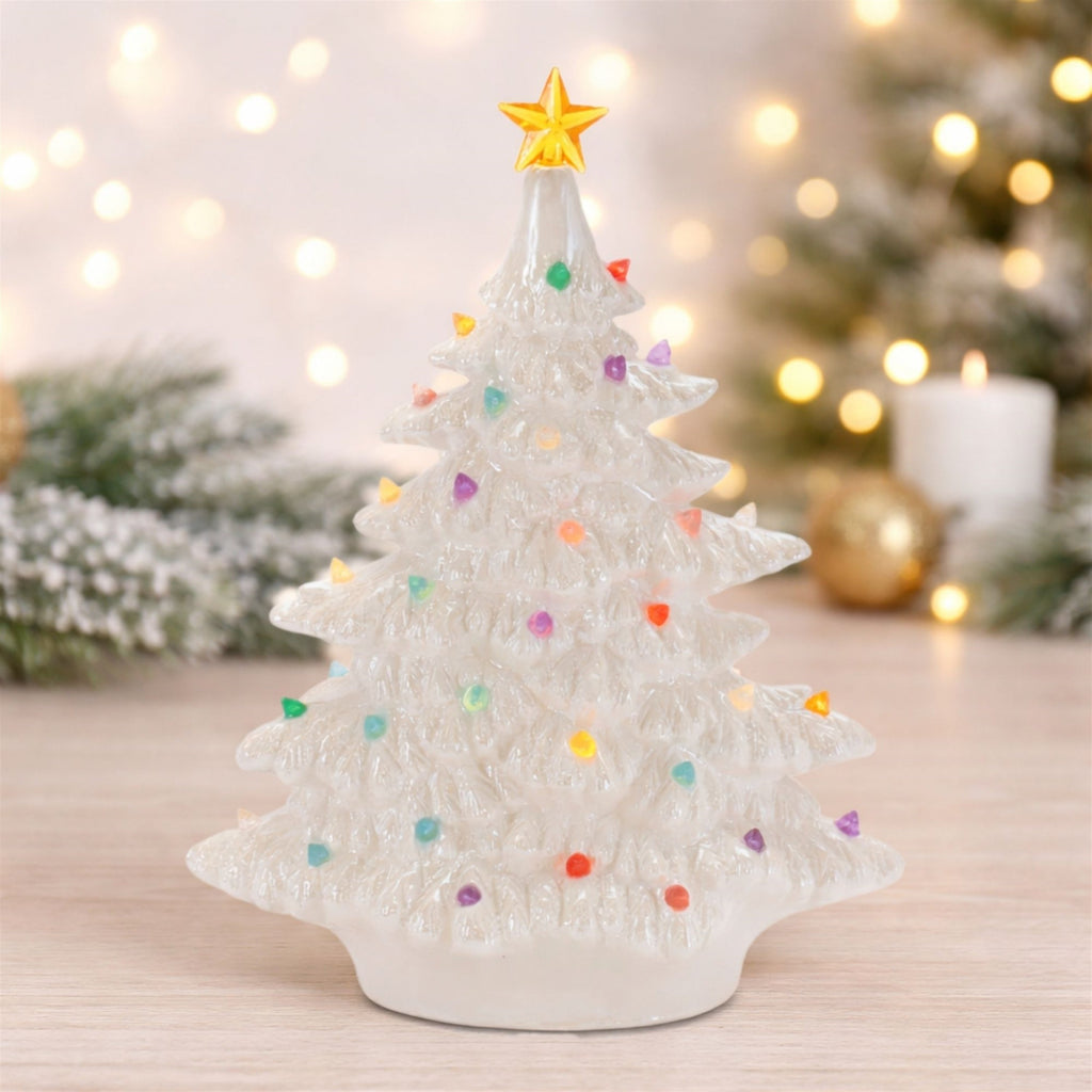 Lighted Ceramic Christmas Tree with Multicolor Bulbs 11"H
