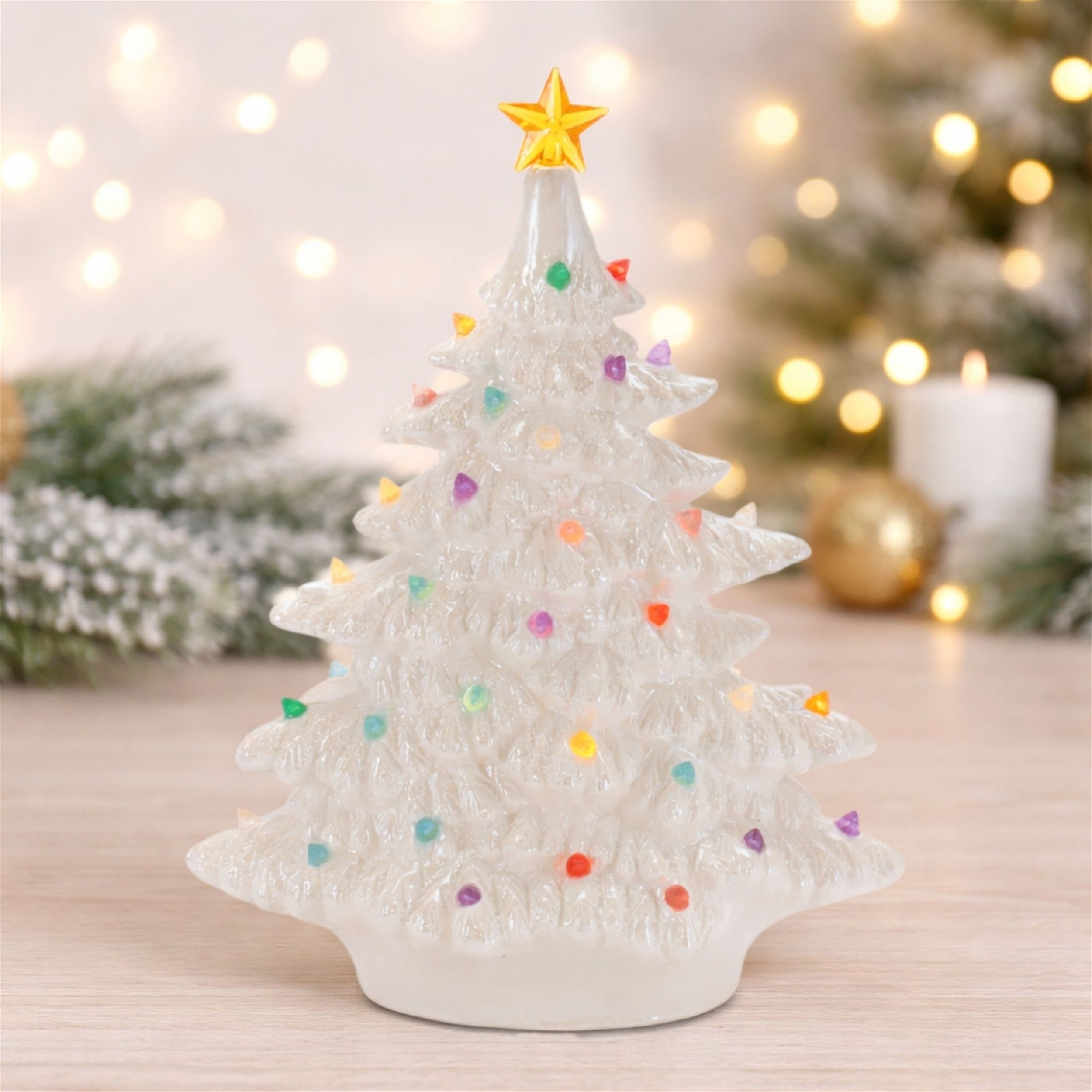 Lighted Ceramic Christmas Tree with Multicolor Bulbs 11"H
