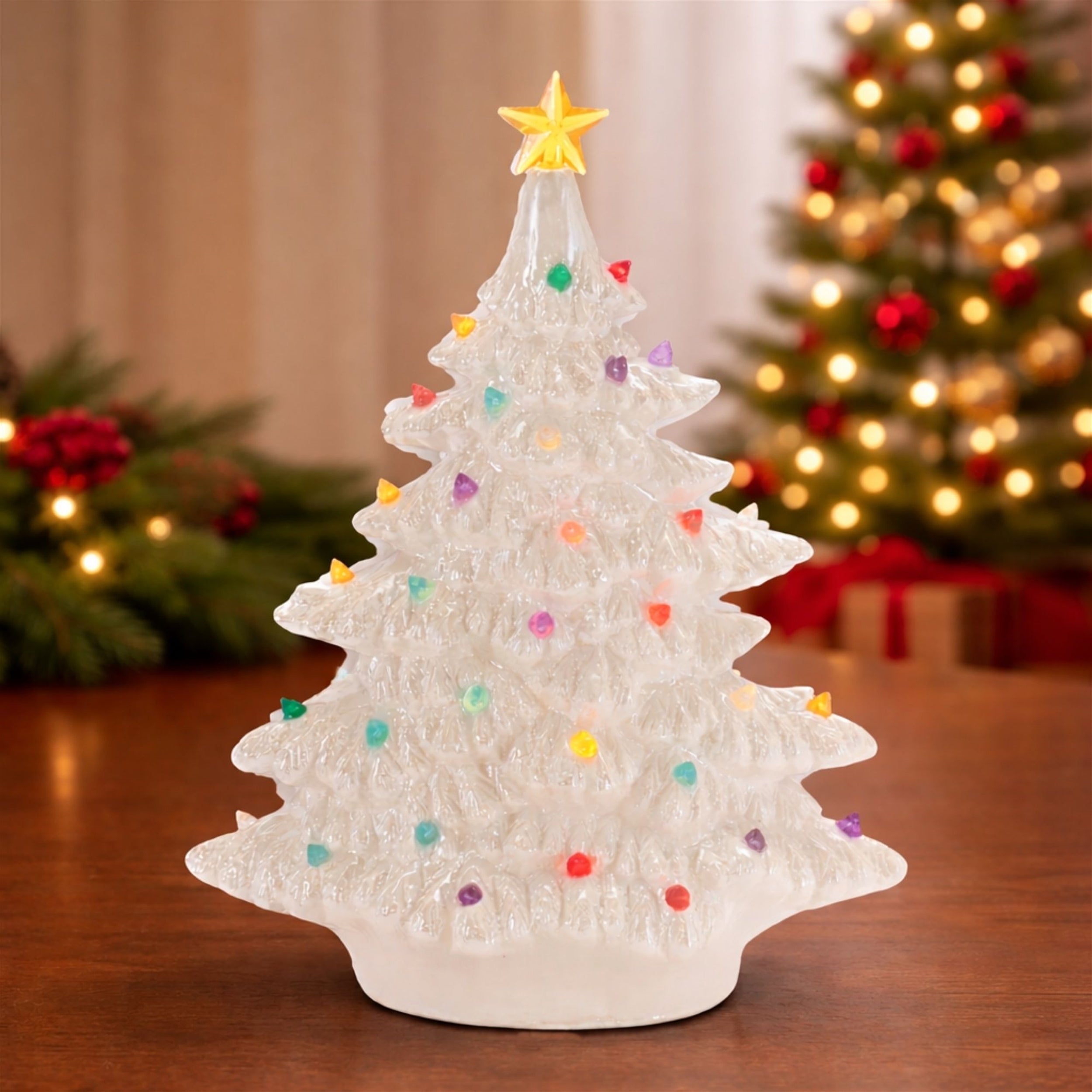 Lighted Ceramic Christmas Tree with Multicolor Bulbs 11"H