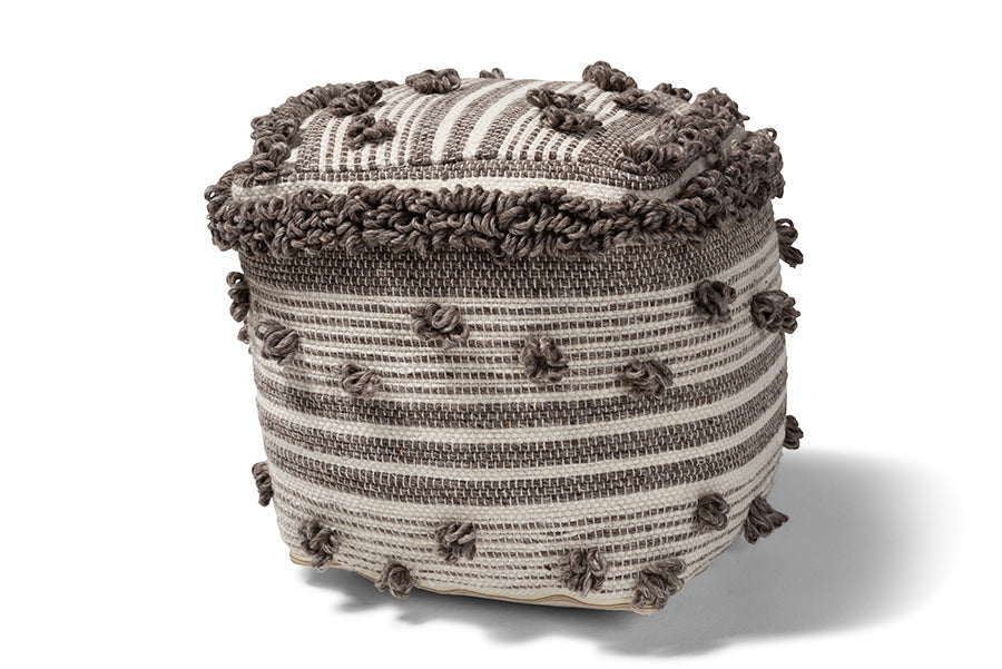 Baxton Studio Eligah Moroccan Inspired Ivory and Brown Handwoven Wool Pouf Ottoman