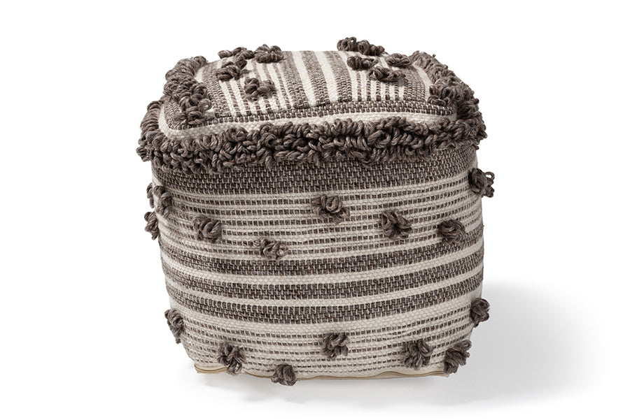 Baxton Studio Eligah Moroccan Inspired Ivory and Brown Handwoven Wool Pouf Ottoman