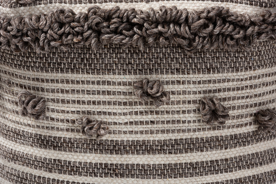 Baxton Studio Eligah Moroccan Inspired Ivory and Brown Handwoven Wool Pouf Ottoman