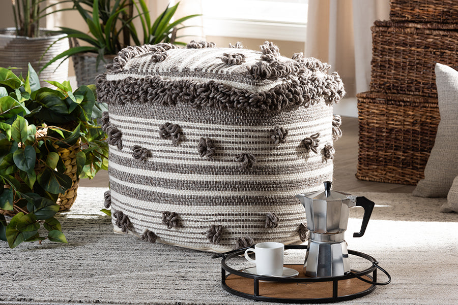 Baxton Studio Eligah Moroccan Inspired Ivory and Brown Handwoven Wool Pouf Ottoman