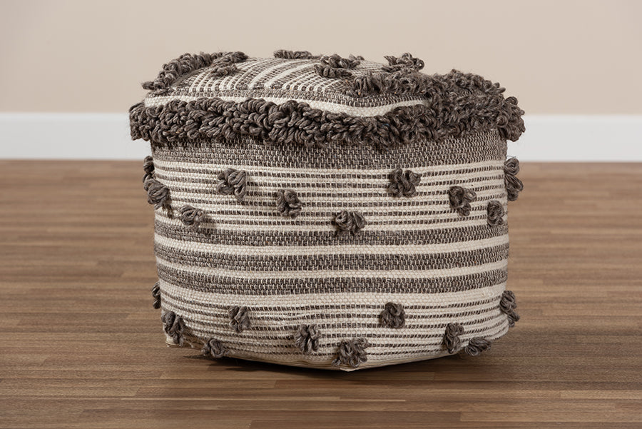Baxton Studio Eligah Moroccan Inspired Ivory and Brown Handwoven Wool Pouf Ottoman