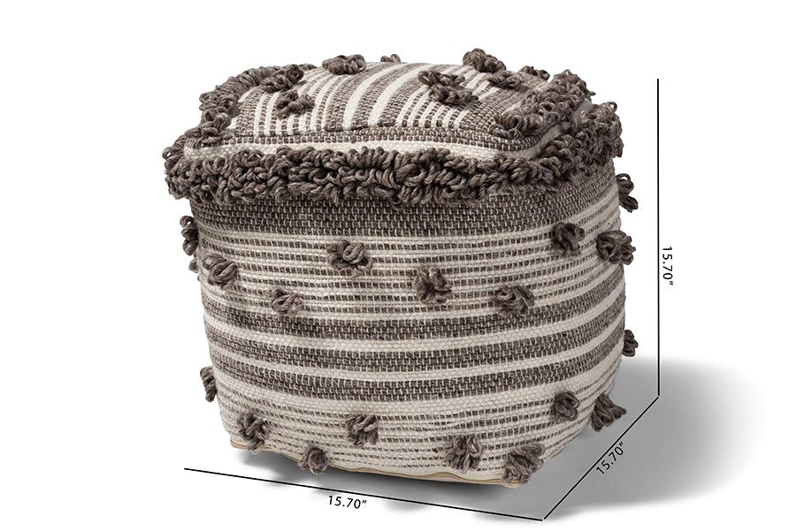 Baxton Studio Eligah Moroccan Inspired Ivory and Brown Handwoven Wool Pouf Ottoman