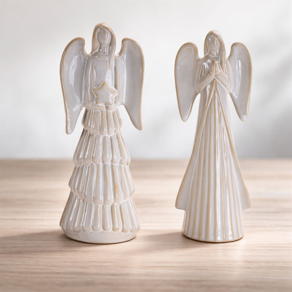 White Glazed Angel Figurines (Set of 2)