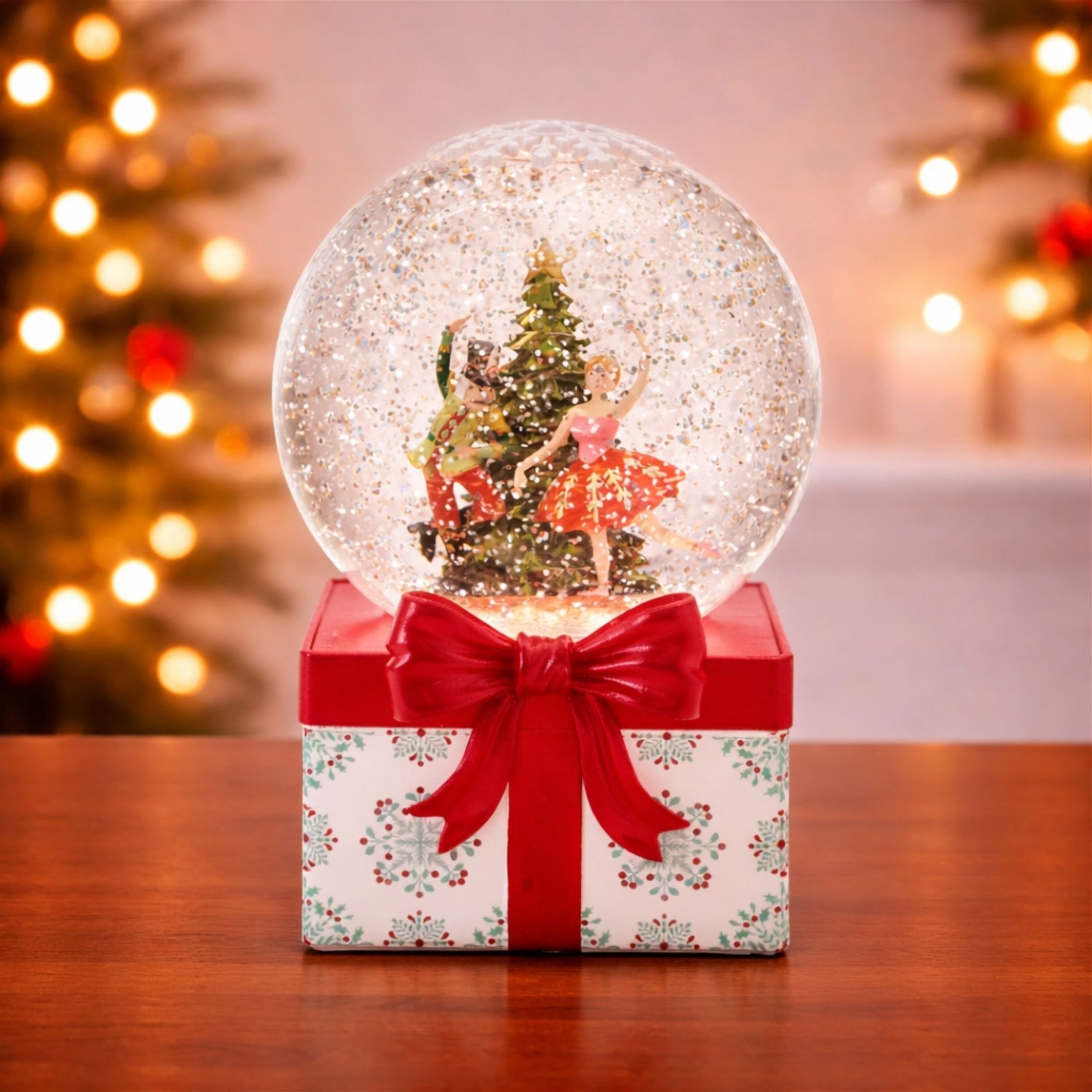 LED Nutcracker and Ballerina Snow Globe 6.5"H
