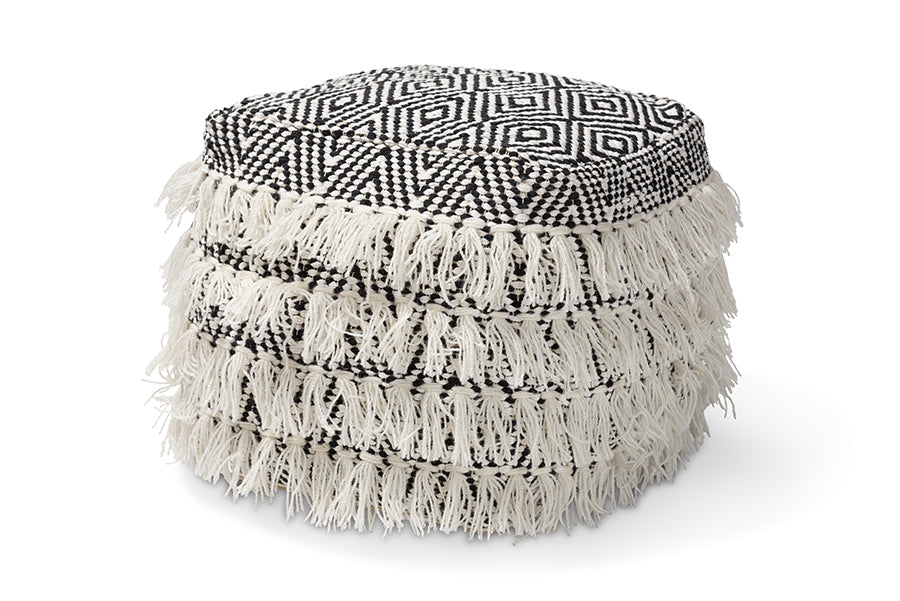 Baxton Studio Alain Moroccan Inspired Black and Ivory Handwoven Wool Tassel Pouf Ottoman