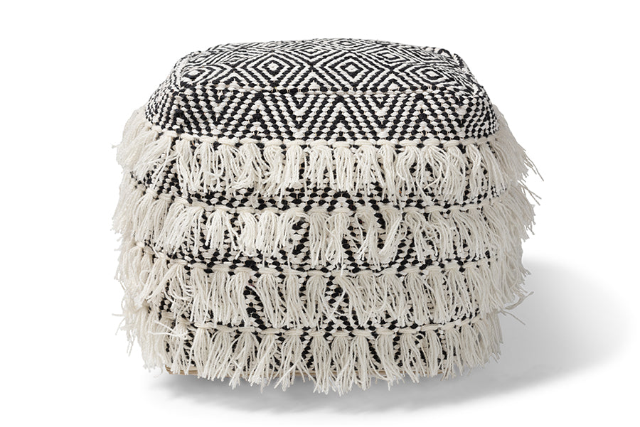 Baxton Studio Alain Moroccan Inspired Black and Ivory Handwoven Wool Tassel Pouf Ottoman