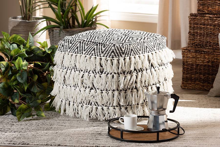 Baxton Studio Alain Moroccan Inspired Black and Ivory Handwoven Wool Tassel Pouf Ottoman