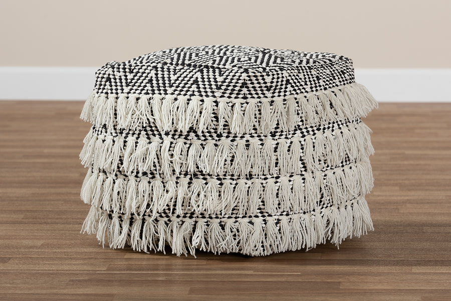 Baxton Studio Alain Moroccan Inspired Black and Ivory Handwoven Wool Tassel Pouf Ottoman