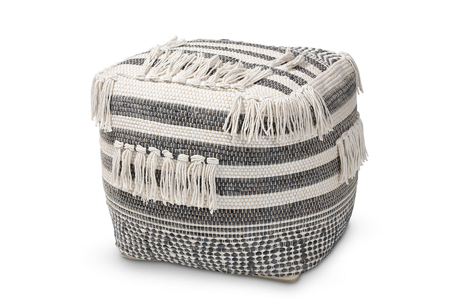Baxton Studio Kirby Moroccan Inspired Grey and Ivory Handwoven Cotton Pouf Ottoman