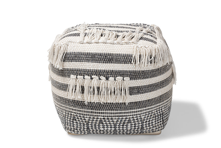 Baxton Studio Kirby Moroccan Inspired Grey and Ivory Handwoven Cotton Pouf Ottoman