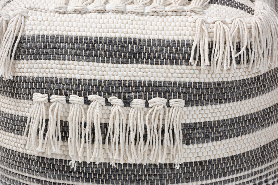 Baxton Studio Kirby Moroccan Inspired Grey and Ivory Handwoven Cotton Pouf Ottoman