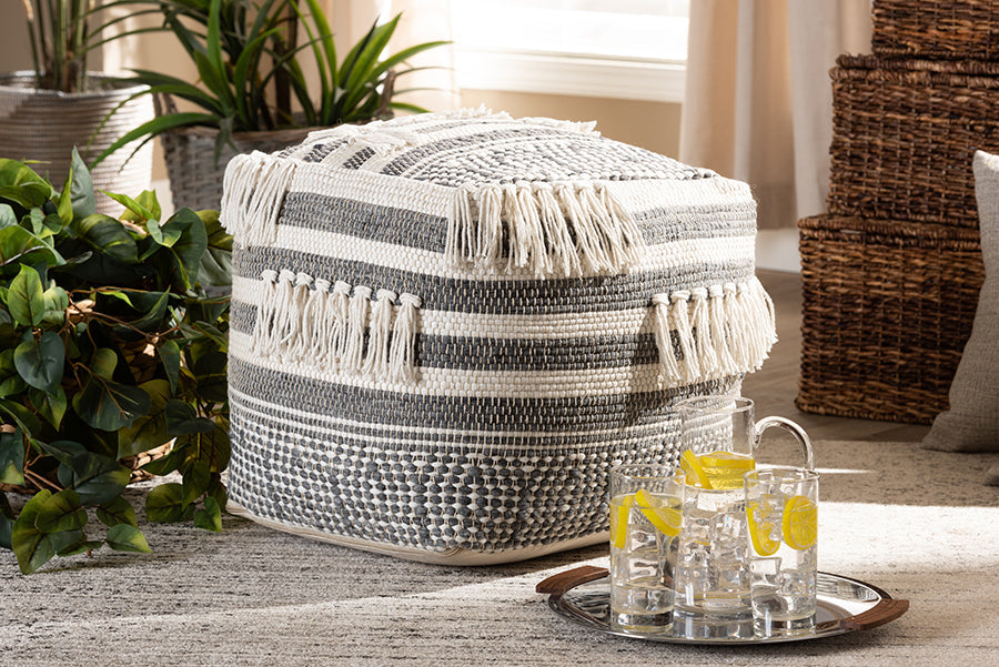 Baxton Studio Kirby Moroccan Inspired Grey and Ivory Handwoven Cotton Pouf Ottoman