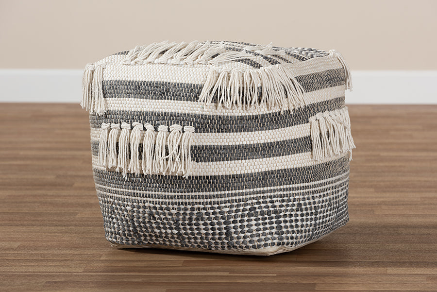 Baxton Studio Kirby Moroccan Inspired Grey and Ivory Handwoven Cotton Pouf Ottoman