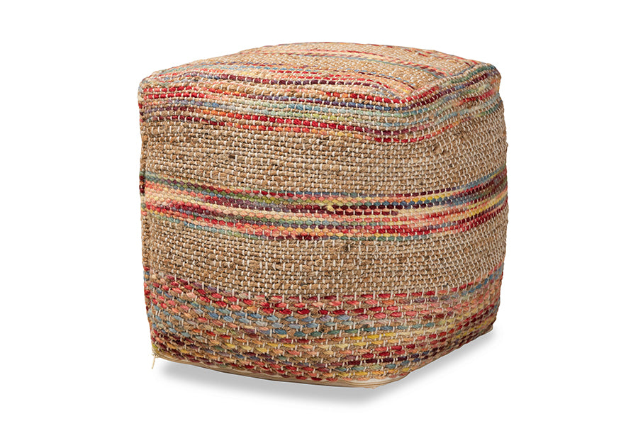 Baxton Studio Caiman Moroccan Inspired Multicolored Handwoven Hemp Pouf Ottoman