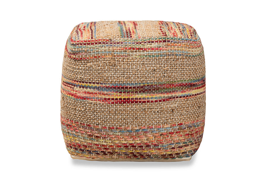 Baxton Studio Caiman Moroccan Inspired Multicolored Handwoven Hemp Pouf Ottoman