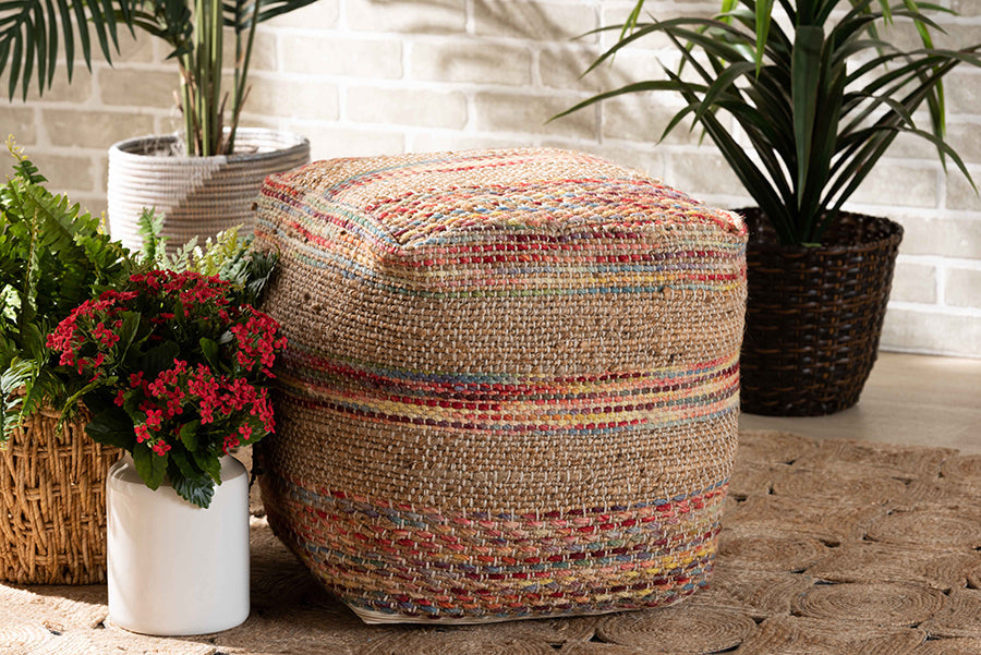Baxton Studio Caiman Moroccan Inspired Multicolored Handwoven Hemp Pouf Ottoman