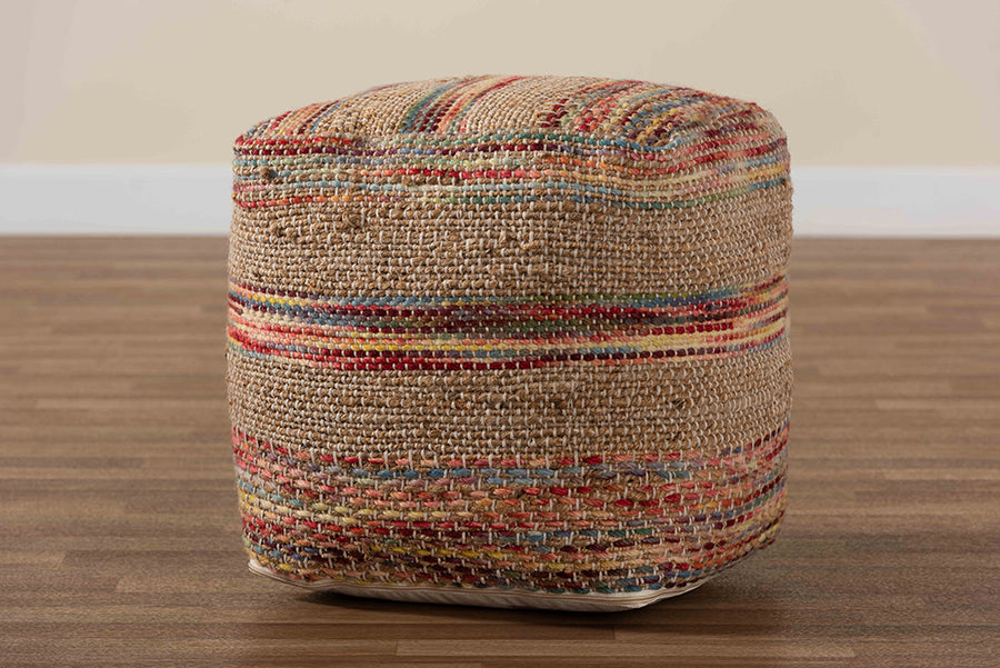 Baxton Studio Caiman Moroccan Inspired Multicolored Handwoven Hemp Pouf Ottoman