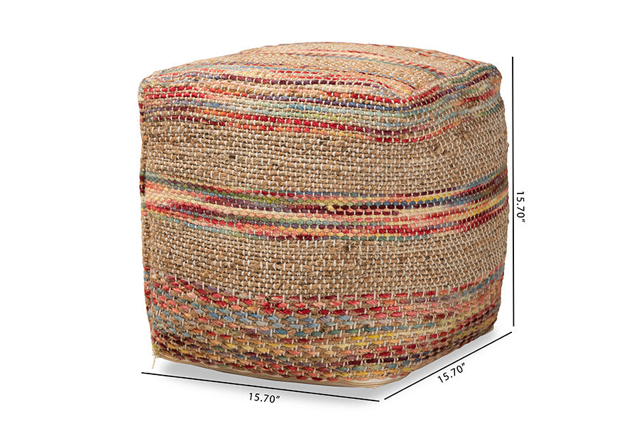 Baxton Studio Caiman Moroccan Inspired Multicolored Handwoven Hemp Pouf Ottoman