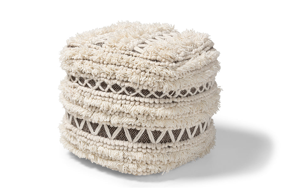 Baxton Studio Vesey Moroccan Inspired Beige and Brown Handwoven Wool Pouf Ottoman
