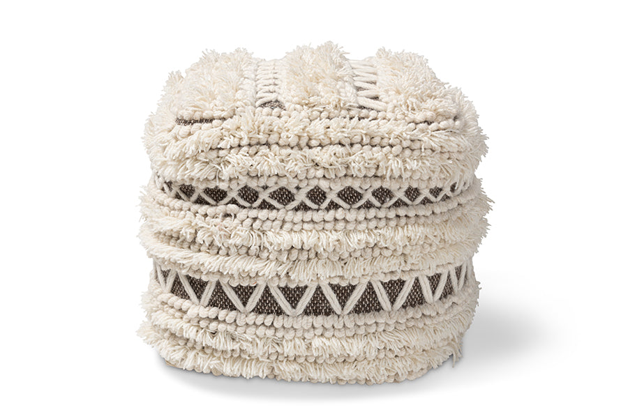 Baxton Studio Vesey Moroccan Inspired Beige and Brown Handwoven Wool Pouf Ottoman