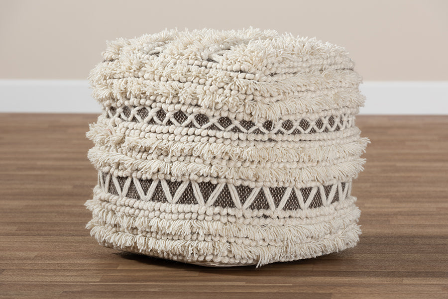 Baxton Studio Vesey Moroccan Inspired Beige and Brown Handwoven Wool Pouf Ottoman