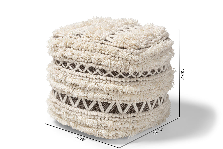 Baxton Studio Vesey Moroccan Inspired Beige and Brown Handwoven Wool Pouf Ottoman