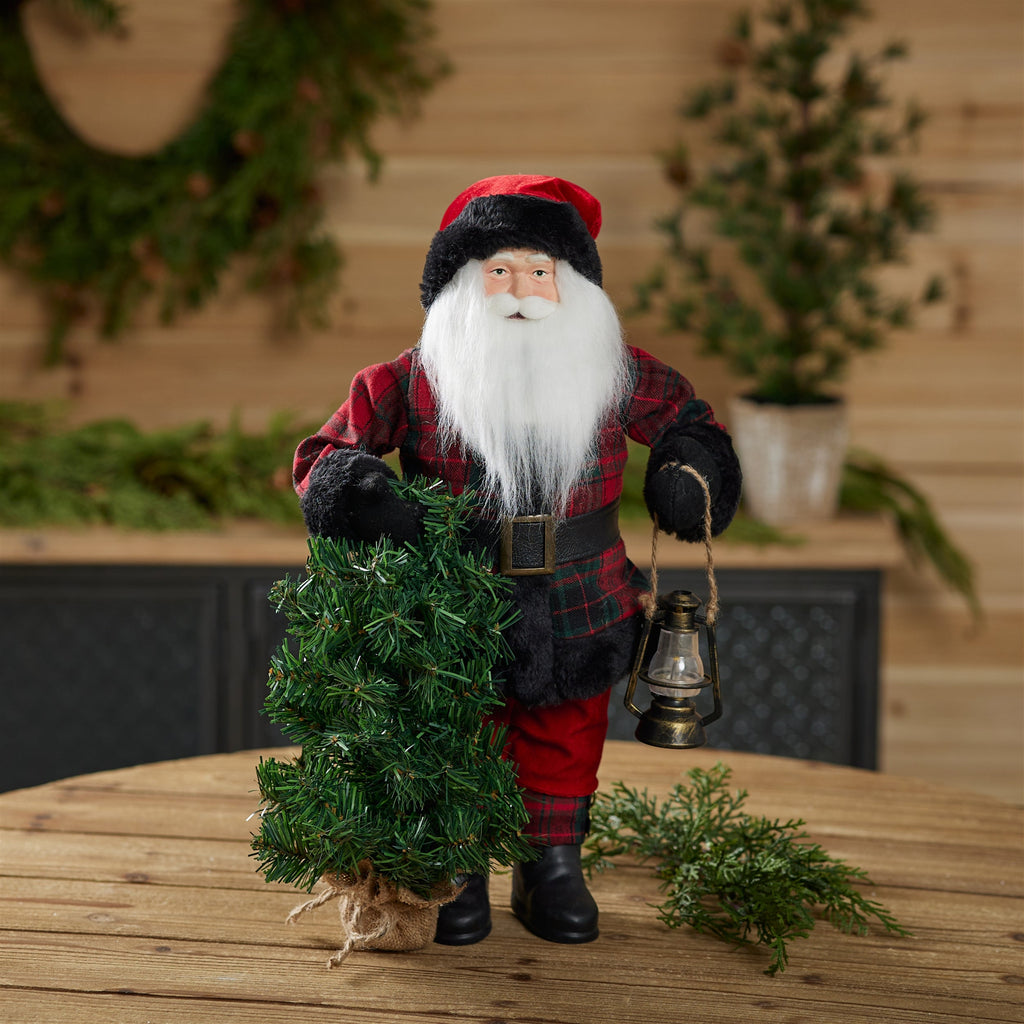 Plaid Santa Figurine with Tree and Lantern