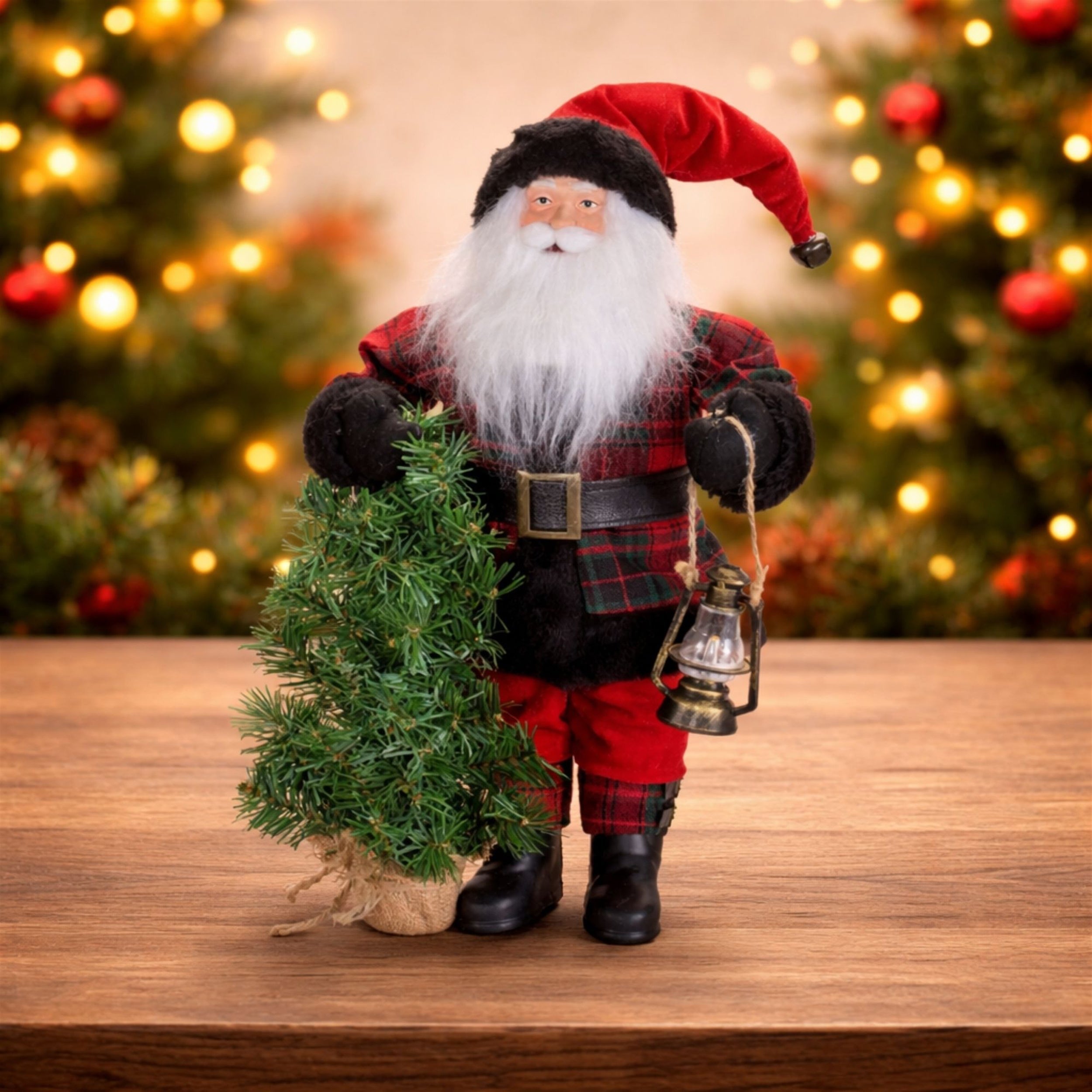 Plaid Santa Figurine with Tree and Lantern