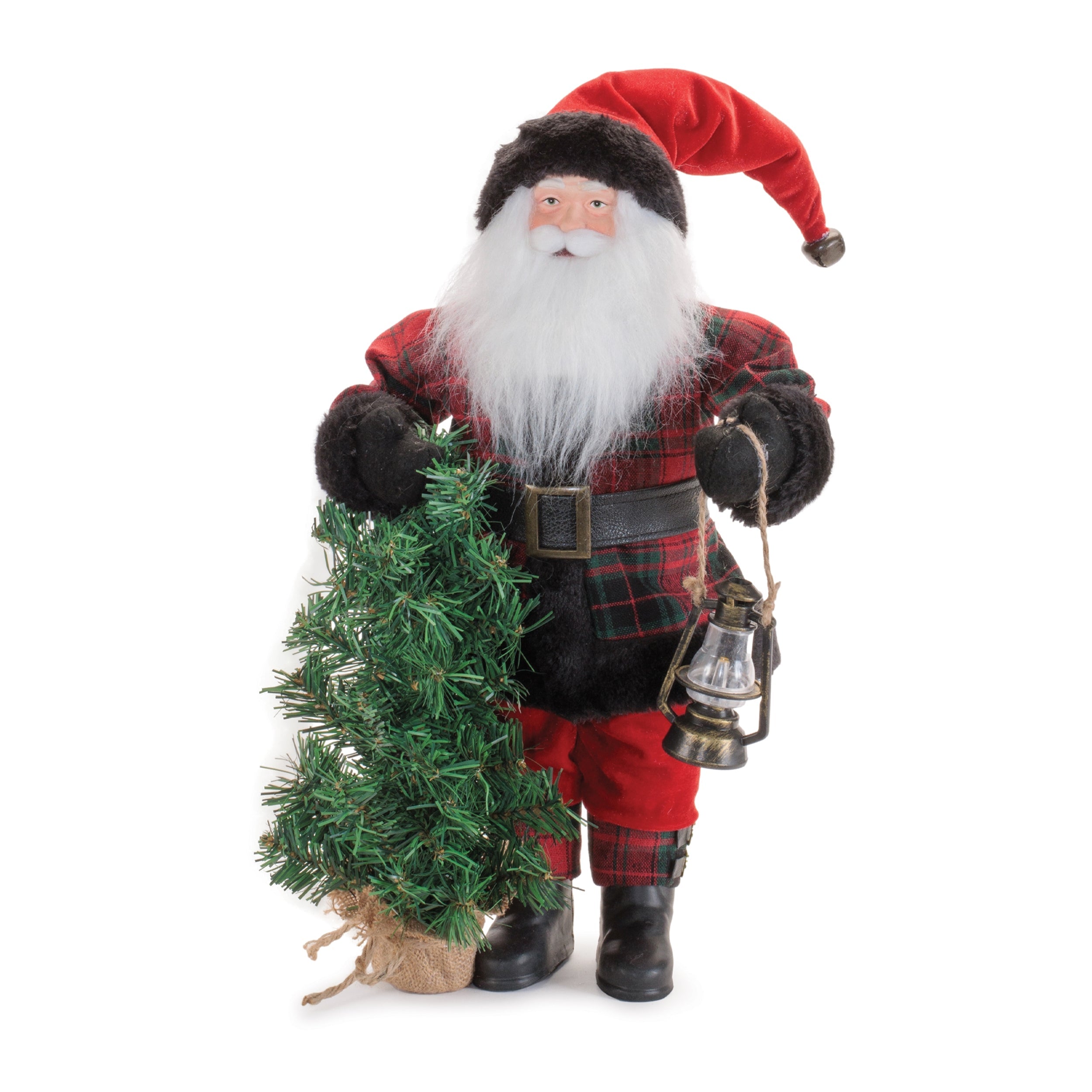 Plaid Santa Figurine with Tree and Lantern