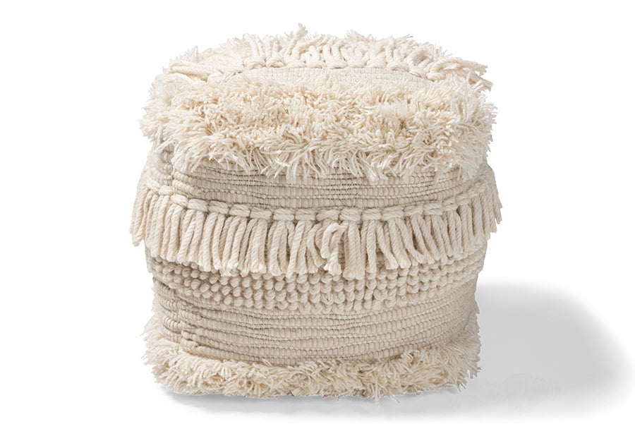Baxton Studio Bartow Moroccan Inspired Beige Handwoven Cotton Pouf Ottoman
