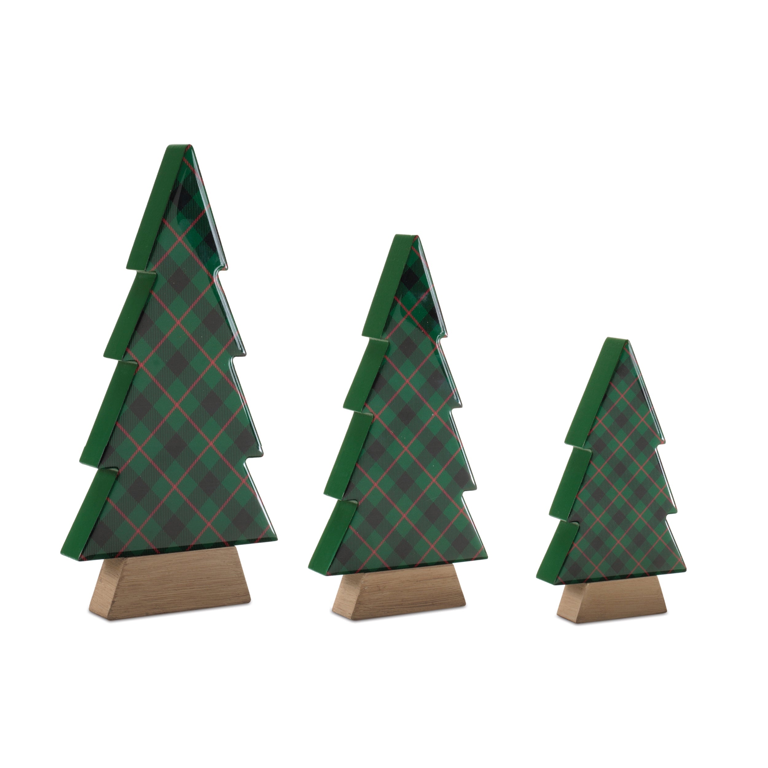 Plaid Holiday Tree with Wood Base (Set of 3)